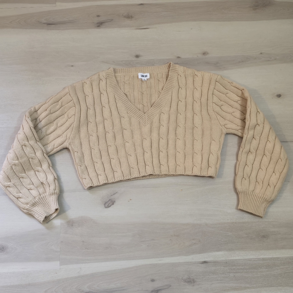 Lane 201 Beige Cropped Top Cable Knit LongSleeve Pullover V Neck Sweater Women M